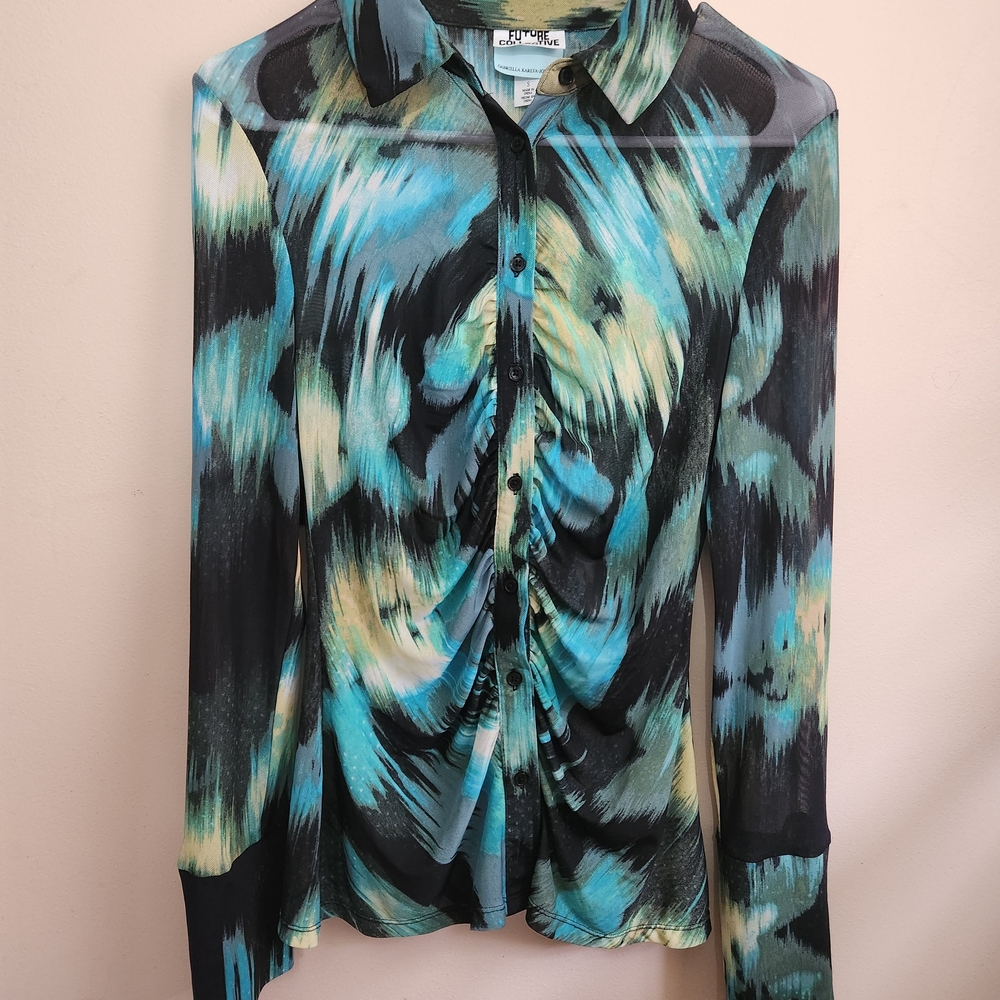 Future Collective‎ Gabriella Karefa Johnson Abstract Print Mesh Ruched Button Up